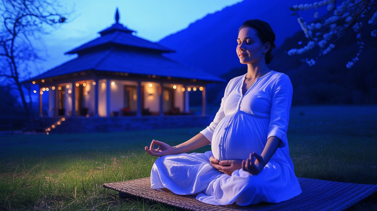 Pregnant woman in Garbh Sanskar session with yoga, pranayama, and positive affirmations at Rajrishi Prakrtik Upachar Sadhna Kendra Alwar Rajasthan for prenatal natural development